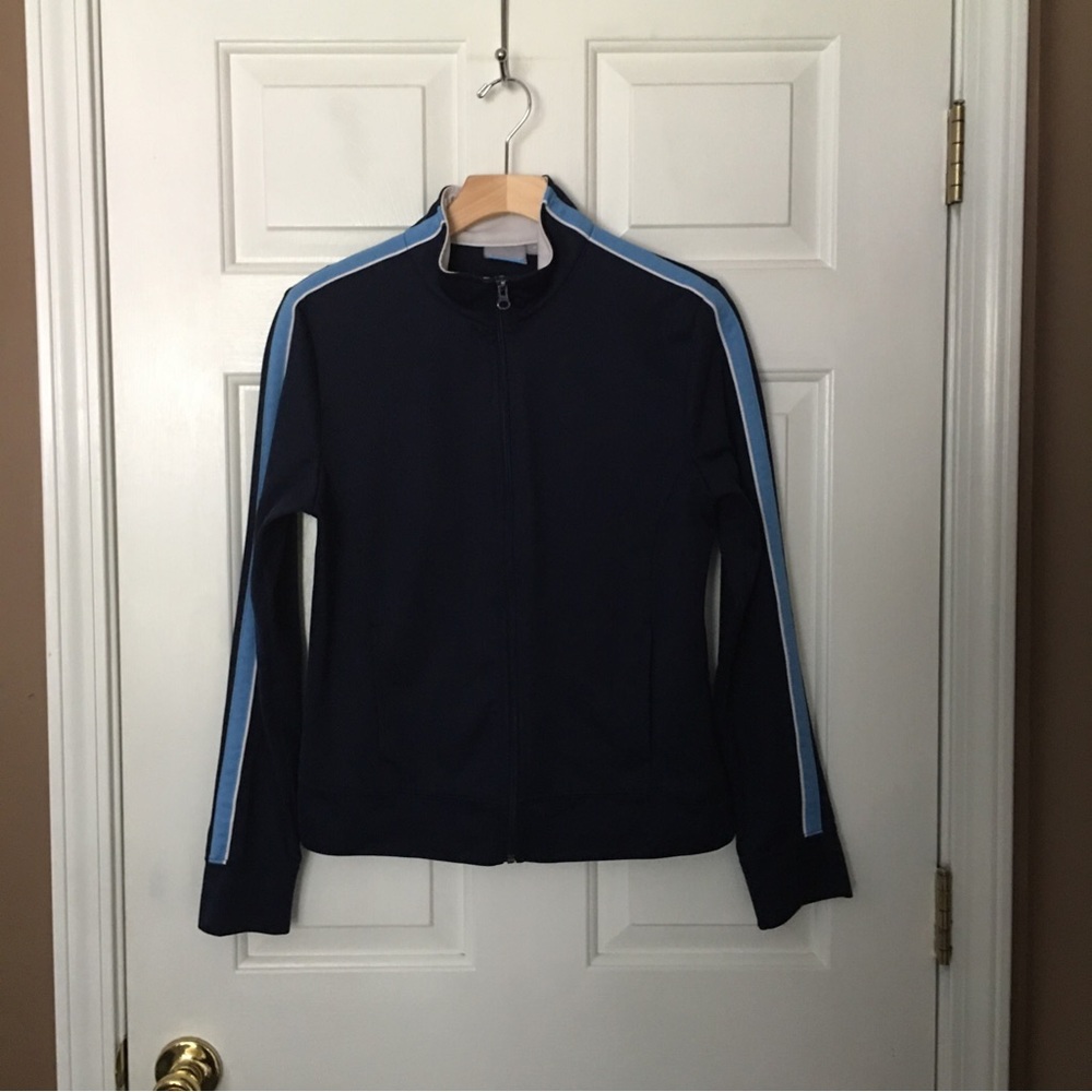 Tek Gear Women Full Zip Windbreaker Jacket Top Size M Navy Blue Stripe Pockets.